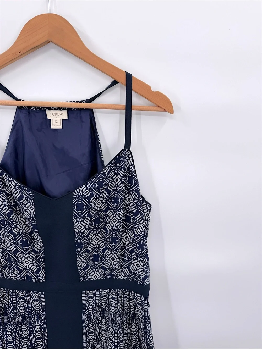 J.Crew Navy White Geometric Print Strappy Maxi Dress Side Slit Size 12